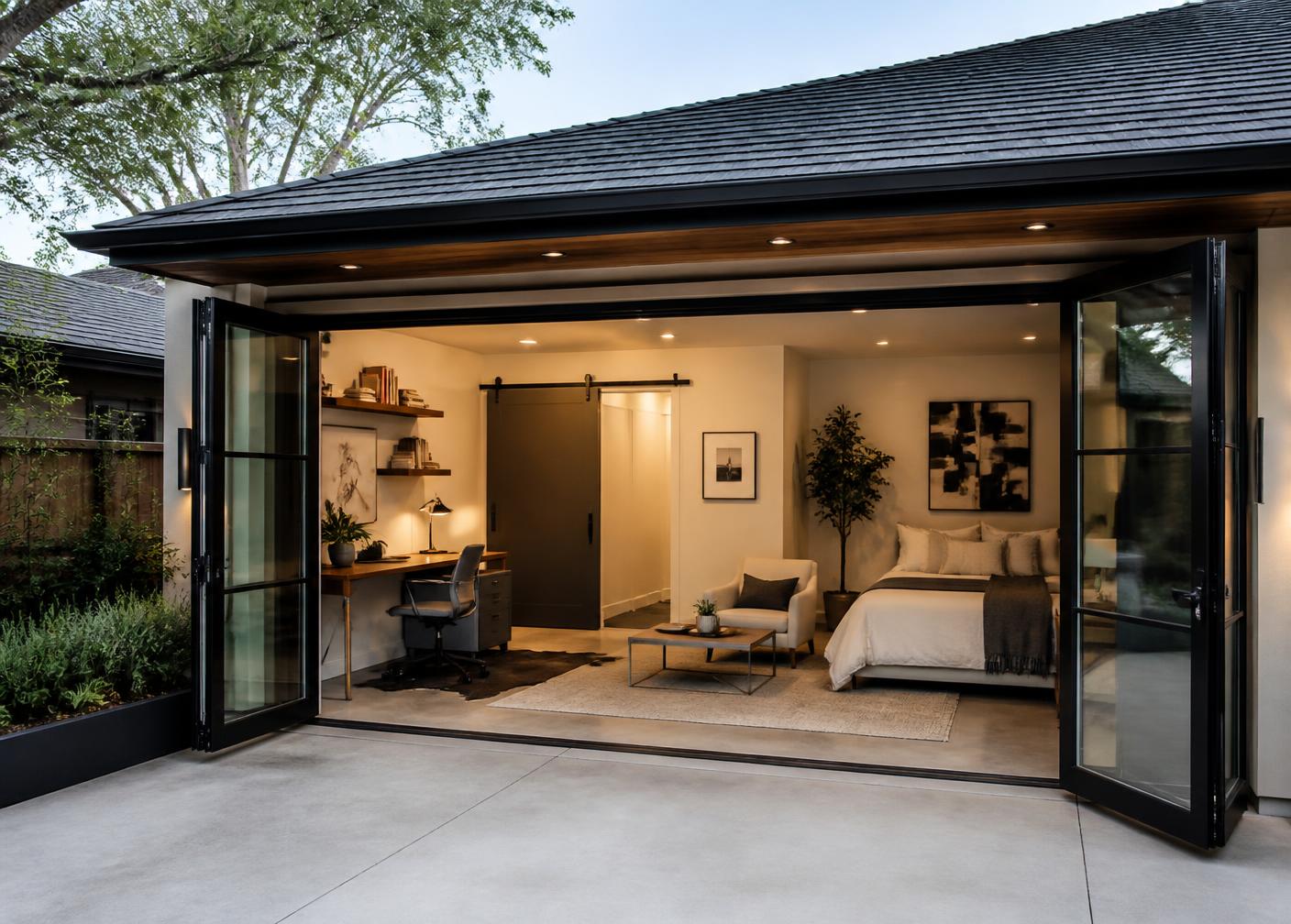 Finished garage conversion with a guest suite and office shown as design inspiration