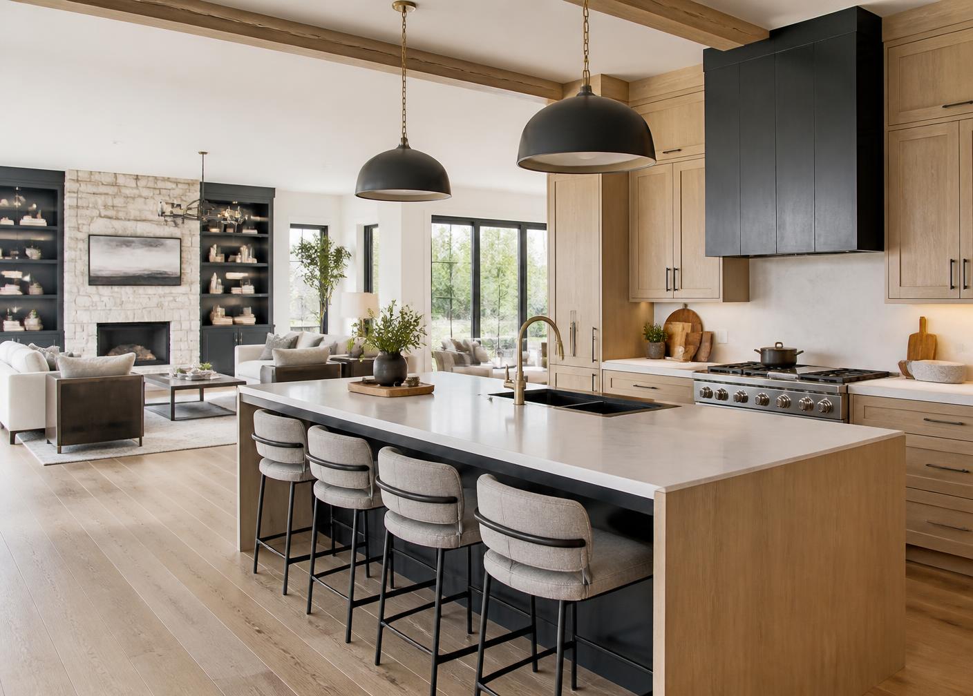 Open kitchen and living room remodel shown as design inspiration